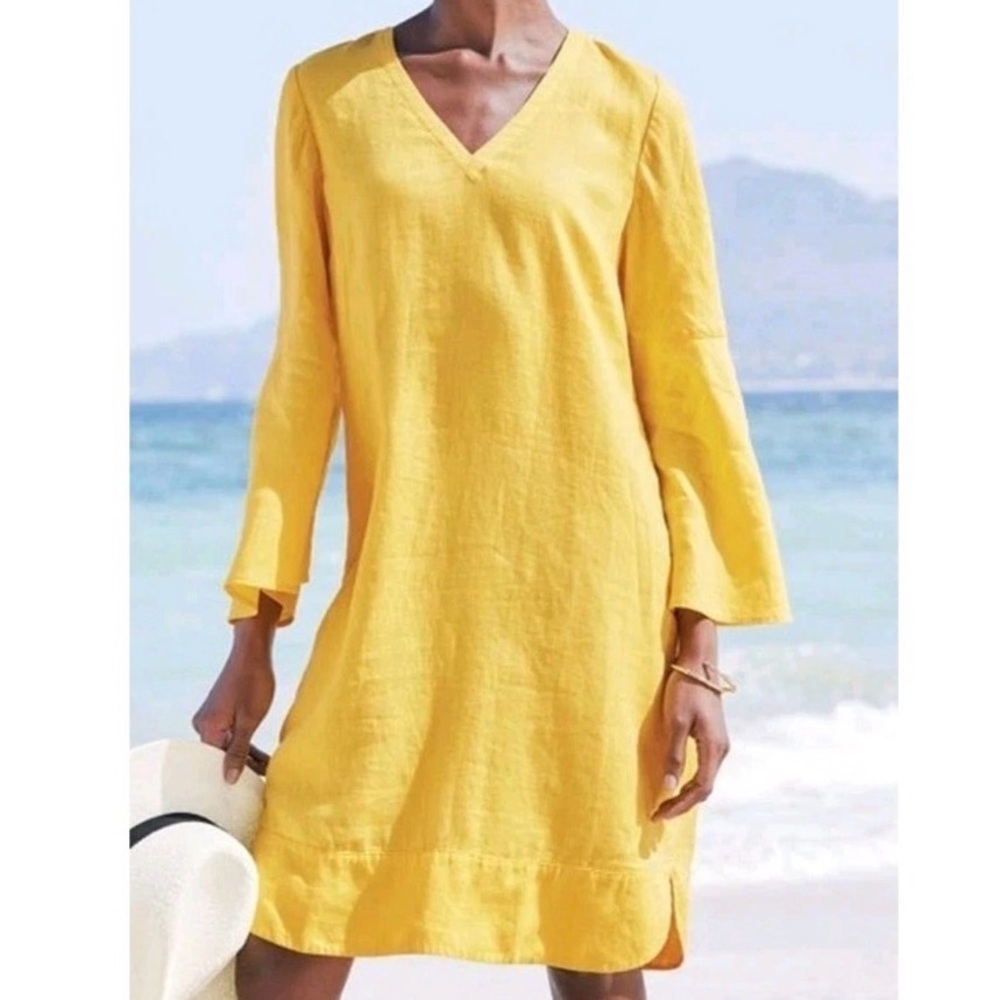 Soft Surroundings Milano 100 % Linen Dress Women’s Size Large Yellow Midi